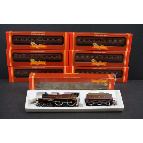 128 - Boxed Hornby OO gauge 4-4-0 LMS locomotive and tender in maroon plus 6 x boxed Hornby OO gauge coach... 