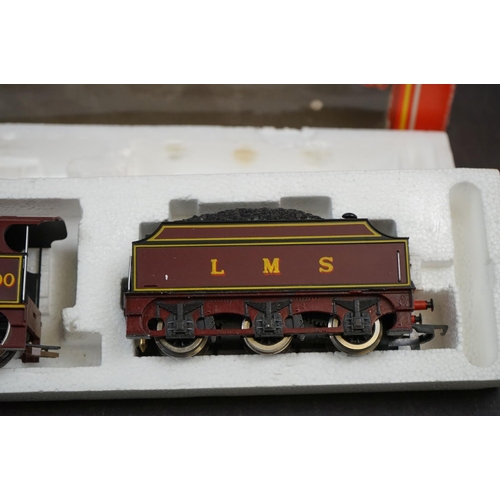 128 - Boxed Hornby OO gauge 4-4-0 LMS locomotive and tender in maroon plus 6 x boxed Hornby OO gauge coach... 