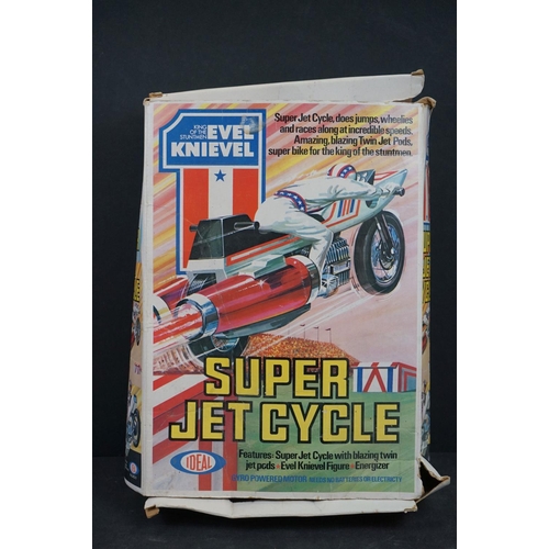 1047 - Boxed Ideal Toy Corp Evel Knievel Super Jet Cycle, missing energizer, tatty box and grubby action fi... 