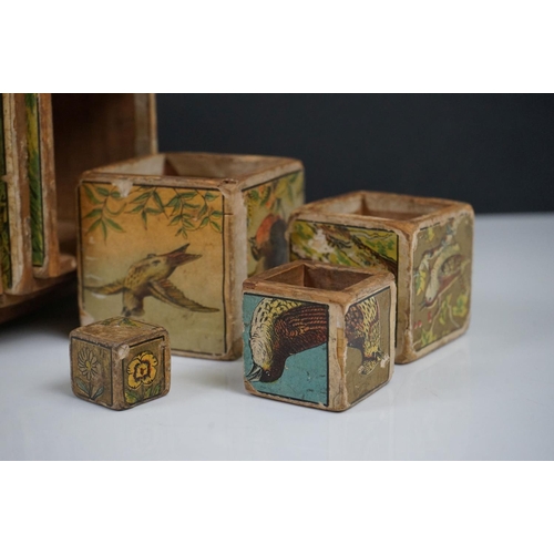 1071 - Vintage wooden childs toy block set of 10 container block, all with bird images, showing wear, with ... 