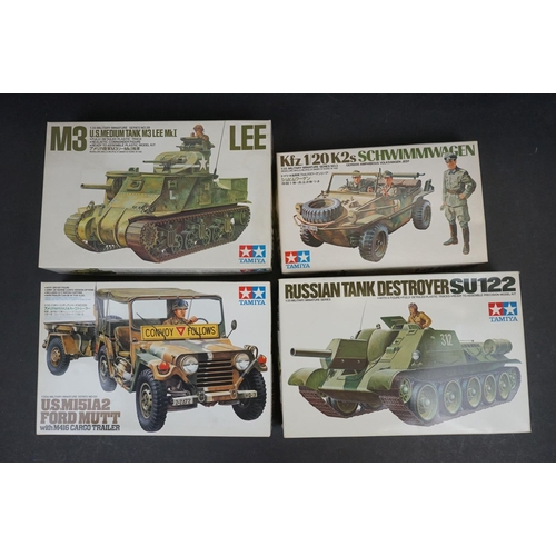 1081 - Four boxed Tamiya 1:35 scale plastic model kits to include 35003-350 German Amphibious Volkswagen Je... 