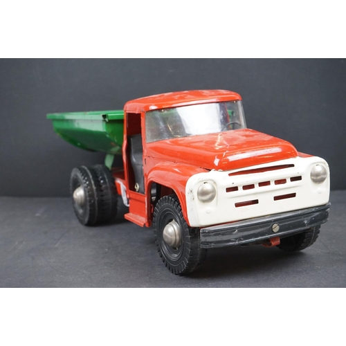 1087 - Circa 1970s metal Tipping Truck with red cab and chassis, green tipper, showing play wear, 21