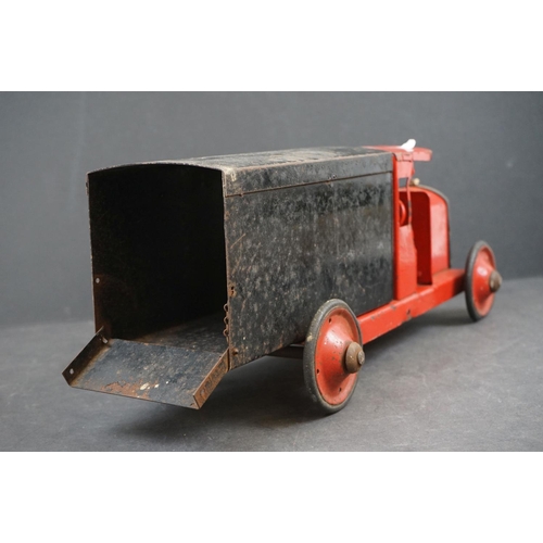 282 - Four early/mid 20th century tin plate and wooden models to include tin plate Lines Bros wagon in red... 