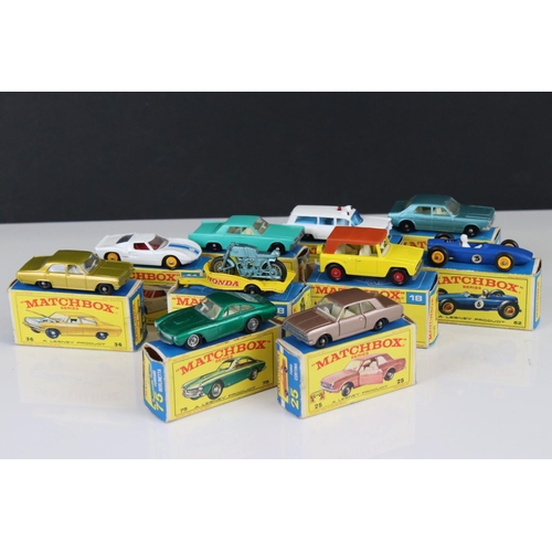 1655 - Ten boxed Matchbox 75 Series diecast models to include 25 Ford Cortina, 52 BRM Racing Car, 53 Ford Z... 