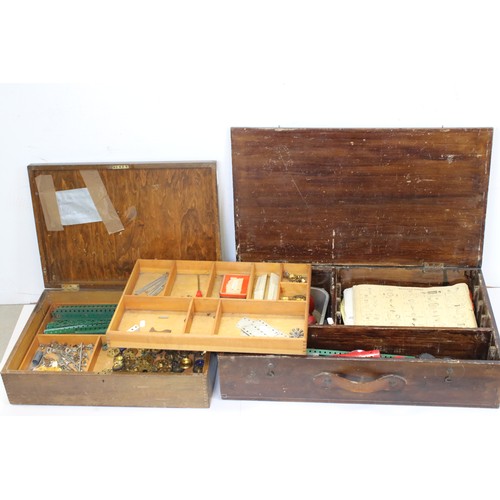 187 - Mid 20th century Meccano wooden box (with key), containing a number of parts, together with a furthe... 