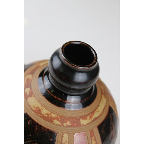 15 - A 20th century David Gatiskell studio pottery onion shaped vase with brown and red glazed panels,14 ... 