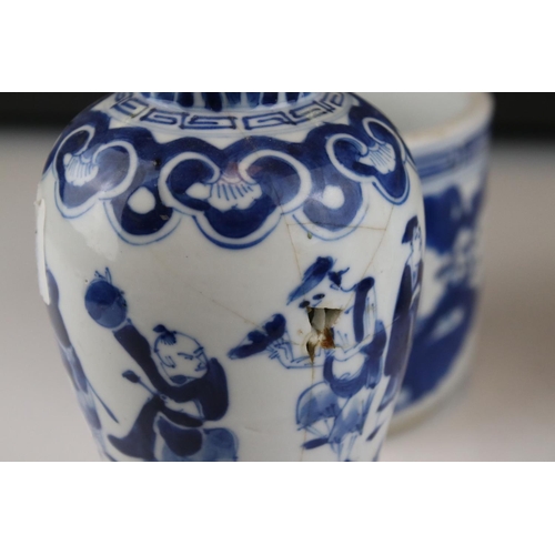 19 - Chinese Fu Lu Shou Blue and White Jardinière, 12cms high together with a Pair of Chinese Blue and Wh... 