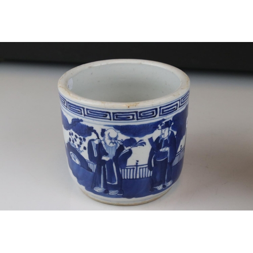 19 - Chinese Fu Lu Shou Blue and White Jardinière, 12cms high together with a Pair of Chinese Blue and Wh... 