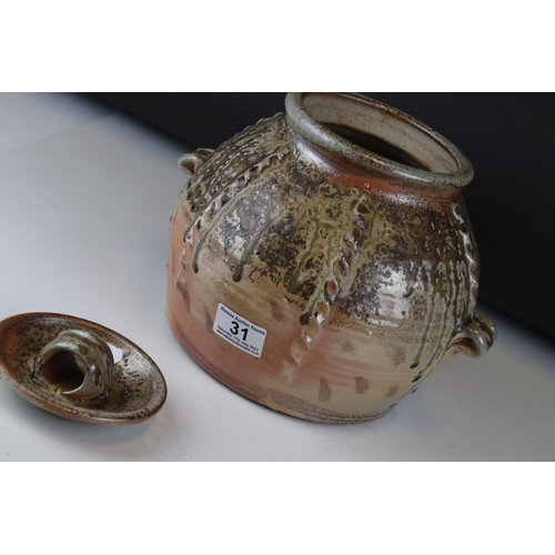 31 - A Jeremy Steward woodfired stoneware studio pottery lidded ovoid two handled vase/pot unsigned, 20 c... 