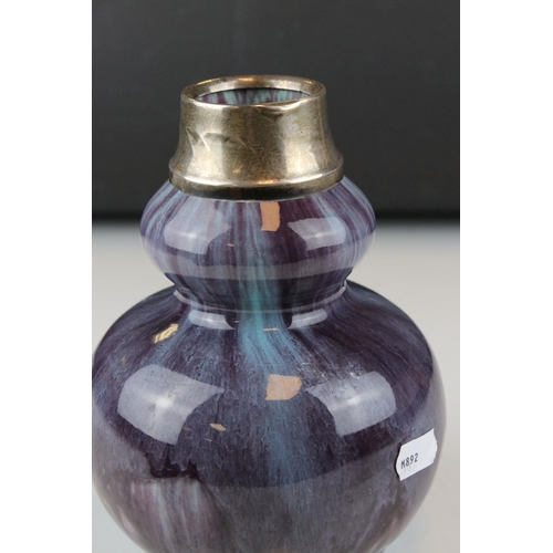 6 - Early 20th century Double gourd purple flambe ground ceramic vase with silver top, being a later emb... 