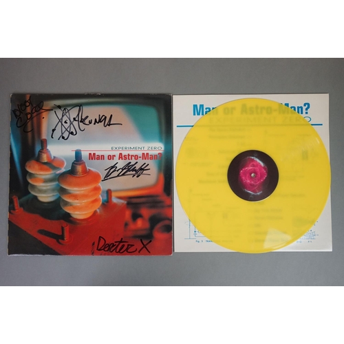 128 - Signed Vinyl - Man Or Astro Man? Experiment Zero LP on Louder 12, yellow vinyl, some damage to sleev... 