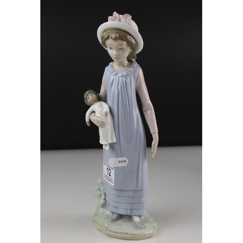 12 - Three Lladro figures to include Girl holding chicken, Girl looking coy and Girl holding doll.