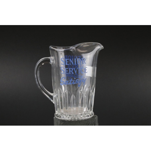 13 - Early to Mid 20th century Advertising Glass Water Jug ' Senior Service Satisfy ', 17cms high