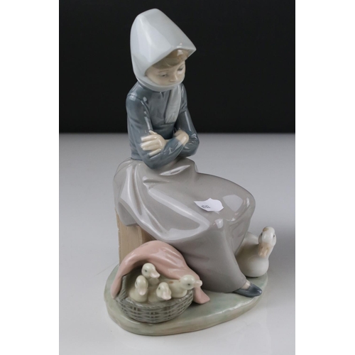 3 - Two Lladro figures in the form of girl with duck and ducklings and a girl with dog by post box.