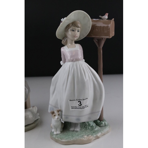 3 - Two Lladro figures in the form of girl with duck and ducklings and a girl with dog by post box.