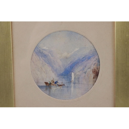 30 - After J M W Turner, watercolour depicting a boat on a Fjord, 11 cm diameter, framed and glazed