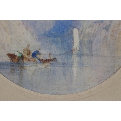 30 - After J M W Turner, watercolour depicting a boat on a Fjord, 11 cm diameter, framed and glazed