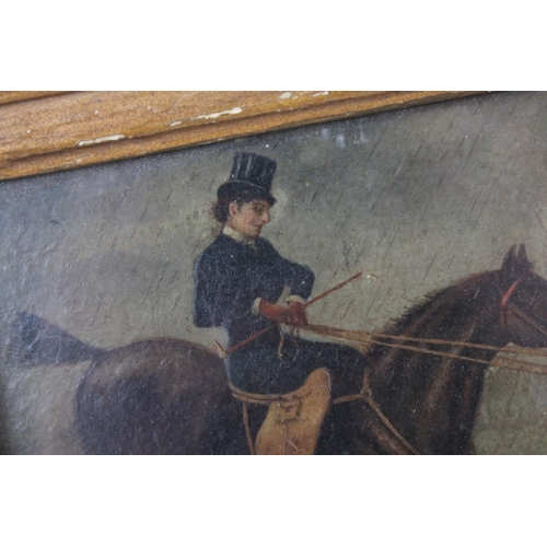 31 - Small gilt framed oil painting of a lady on horse jumping a gate, 10 x 12 cm.