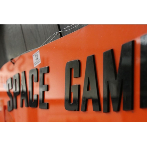 32 - Retro / Mid century Orange Plastic Fairground / Amusements Sign marked ' Space Games ' to one side a... 