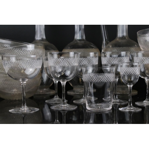 63 - A quantity of glass ware to include glasses, decanters, bowls, etc