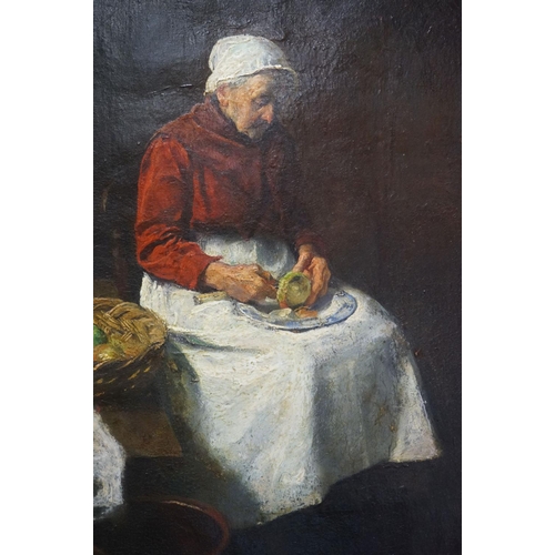 40 - A 19th century  oil on canvas of a seated old woman in an interior setting with basket of fruit, uns... 