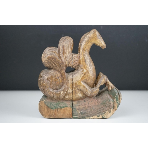 45 - 18th century carved wood painted stylised Sea Horse, 16 cm long 18 cm tall.