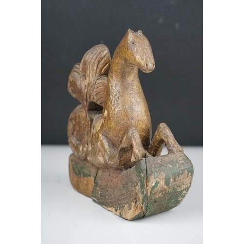 45 - 18th century carved wood painted stylised Sea Horse, 16 cm long 18 cm tall.