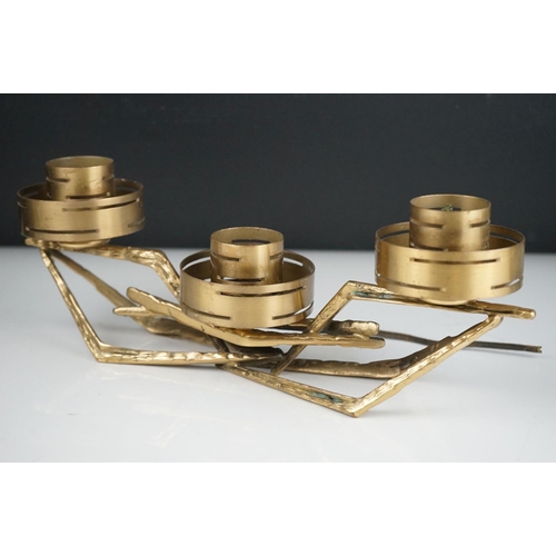 50 - Modernist Brass Three Branch Candle Holder, 36cms long