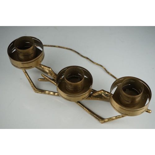 50 - Modernist Brass Three Branch Candle Holder, 36cms long