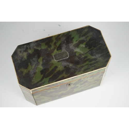 58 - Early 19th century Green Stained Tortoiseshell Tea Caddy, the hinged lid enclosing two section inter... 