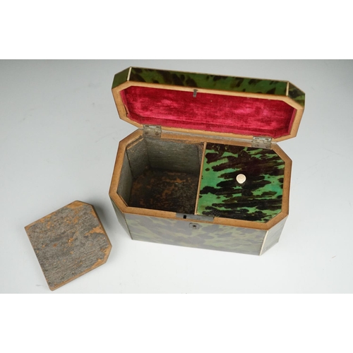 58 - Early 19th century Green Stained Tortoiseshell Tea Caddy, the hinged lid enclosing two section inter... 