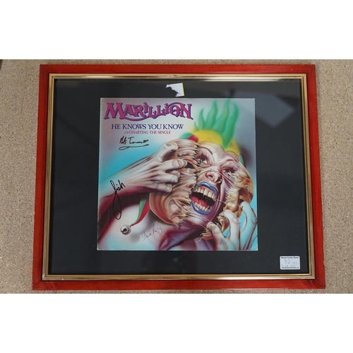 82 - Autographed Music Memorabilia - Framed and glazed Marillion He Knows You Know record sleeve signed b... 