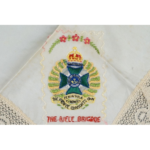 102 - A Collection Of Five Silk Handkerchief With Regimental Decoration To Include The Rifle Brigade And T... 