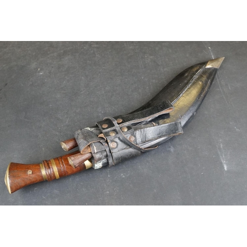 111 - A Full Size Kukri Knife With Both Tools In Original Leather Sheath, Some Decorative Engraving To Bla... 