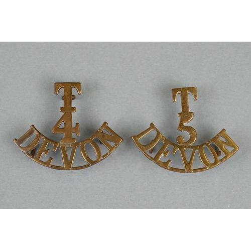 37 - Two British Military Brass Shoulder Titles To Include The 4th Territorial Battalion Of The Devon Reg... 