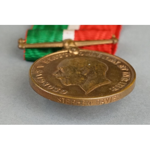 50 - A British World War One Full Size Mercantile Marine War Medal, Named And Issued To Stephen Davies Co... 