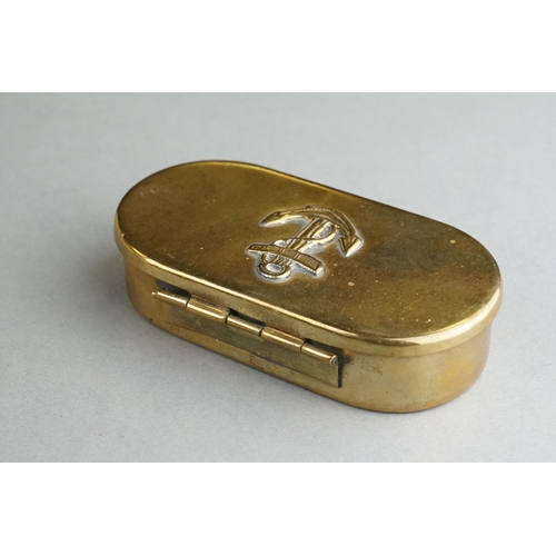 77 - A Brass Snuff Box With Naval Anchor To Outer Lid, Measures Approx 9cm x 5cm x 2m.