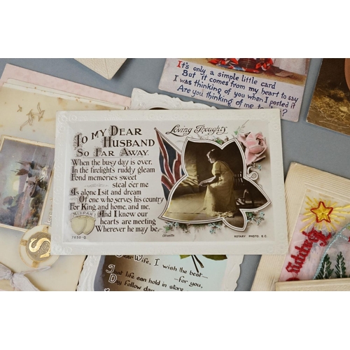 89 - A Collection Of World War One Era Postcards To Include A Silk Regimental Royal Navy Air Service Exam... 