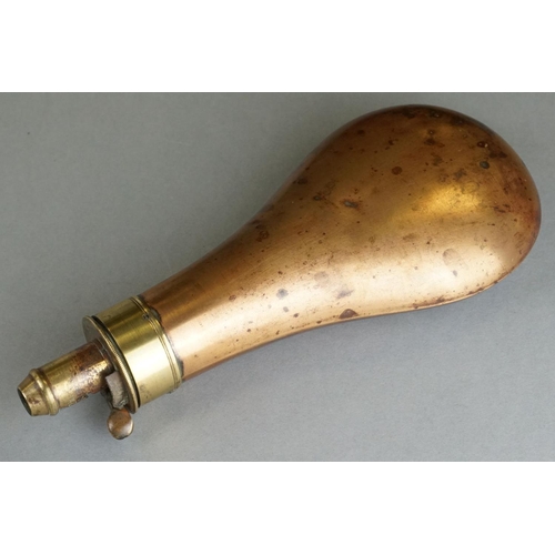 90 - An Antique Copper Powder Flask With Brass Fittings, Maker Marked For G & JW Hawksley.