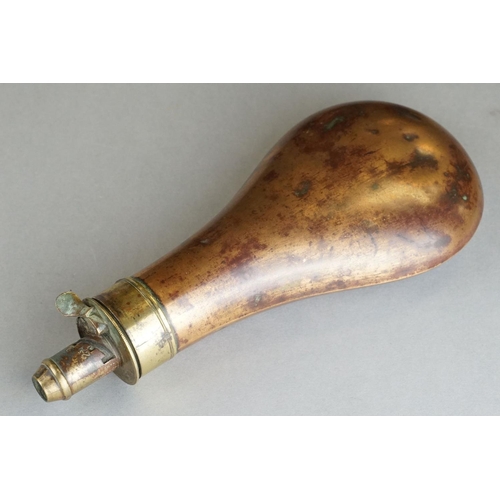 90 - An Antique Copper Powder Flask With Brass Fittings, Maker Marked For G & JW Hawksley.