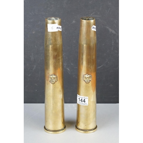 144 - A Pair Of Polished Brass Trench Art Vases From 40mm Shell Cases With Decorative Brass Eagles.