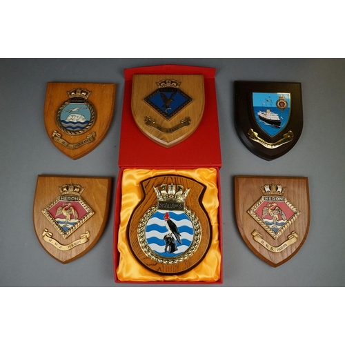 A Collection Of Six Royal Navy Shield Wall Plaques To Include HMS Seahawk,  HMS Heron, HM Yacht Brita