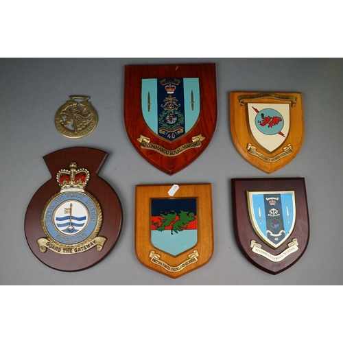 149 - A Collection Of Five Military Shield Wall Plaques To Include RAF Gibraltar, 40 Commando The Royal Ma... 