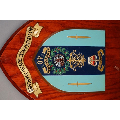 149 - A Collection Of Five Military Shield Wall Plaques To Include RAF Gibraltar, 40 Commando The Royal Ma... 