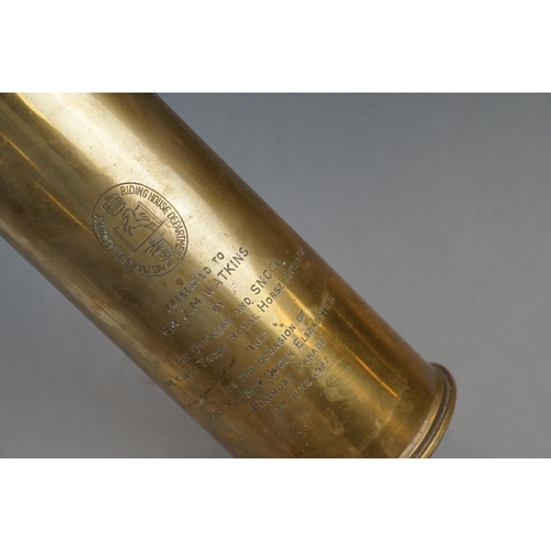 150 - A Brass Artillery Shell Engraved Riding House Department Of His Majestys Ordnance Presented To Sgt. ... 