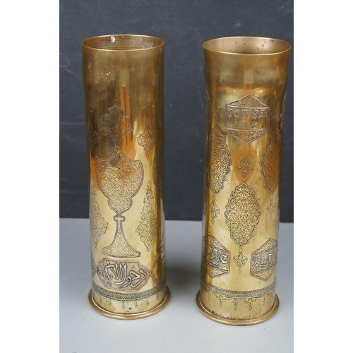 151 - A Pair Of World War One Trench Art Brass Shell Cases With Ornate Arabic Decoration And Marked Damasc... 