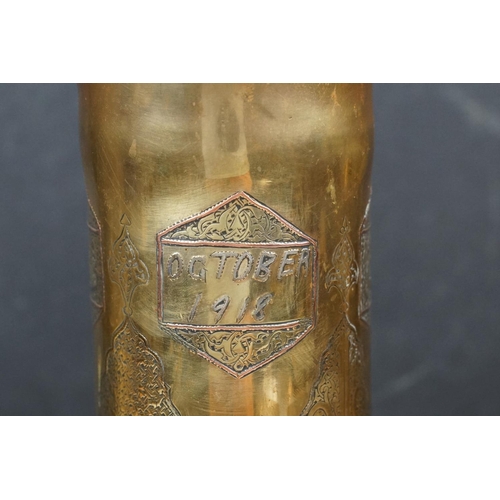 151 - A Pair Of World War One Trench Art Brass Shell Cases With Ornate Arabic Decoration And Marked Damasc... 