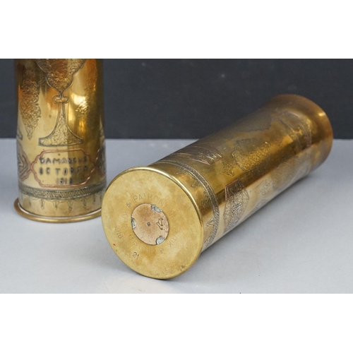 151 - A Pair Of World War One Trench Art Brass Shell Cases With Ornate Arabic Decoration And Marked Damasc... 