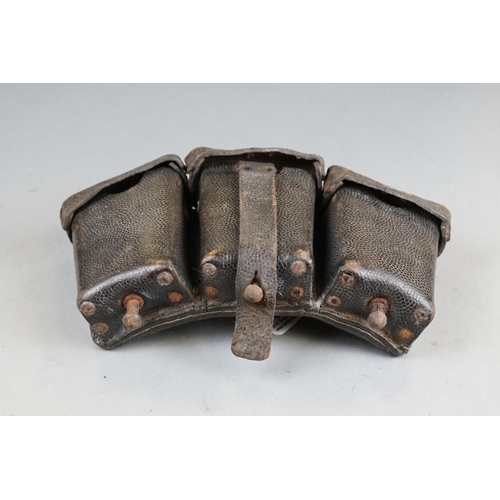 183 - A World War Two German K98 Wehrmacht Black Leather Military Ammo Pouch, Dated 1942 To Verso.