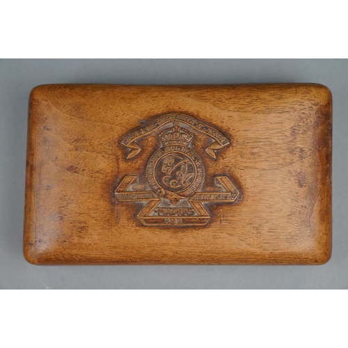 253 - A Wooden Cigarette Box With Carved Lid Badged To The Queen Victoria's Own Madras Sappers And Miners ... 